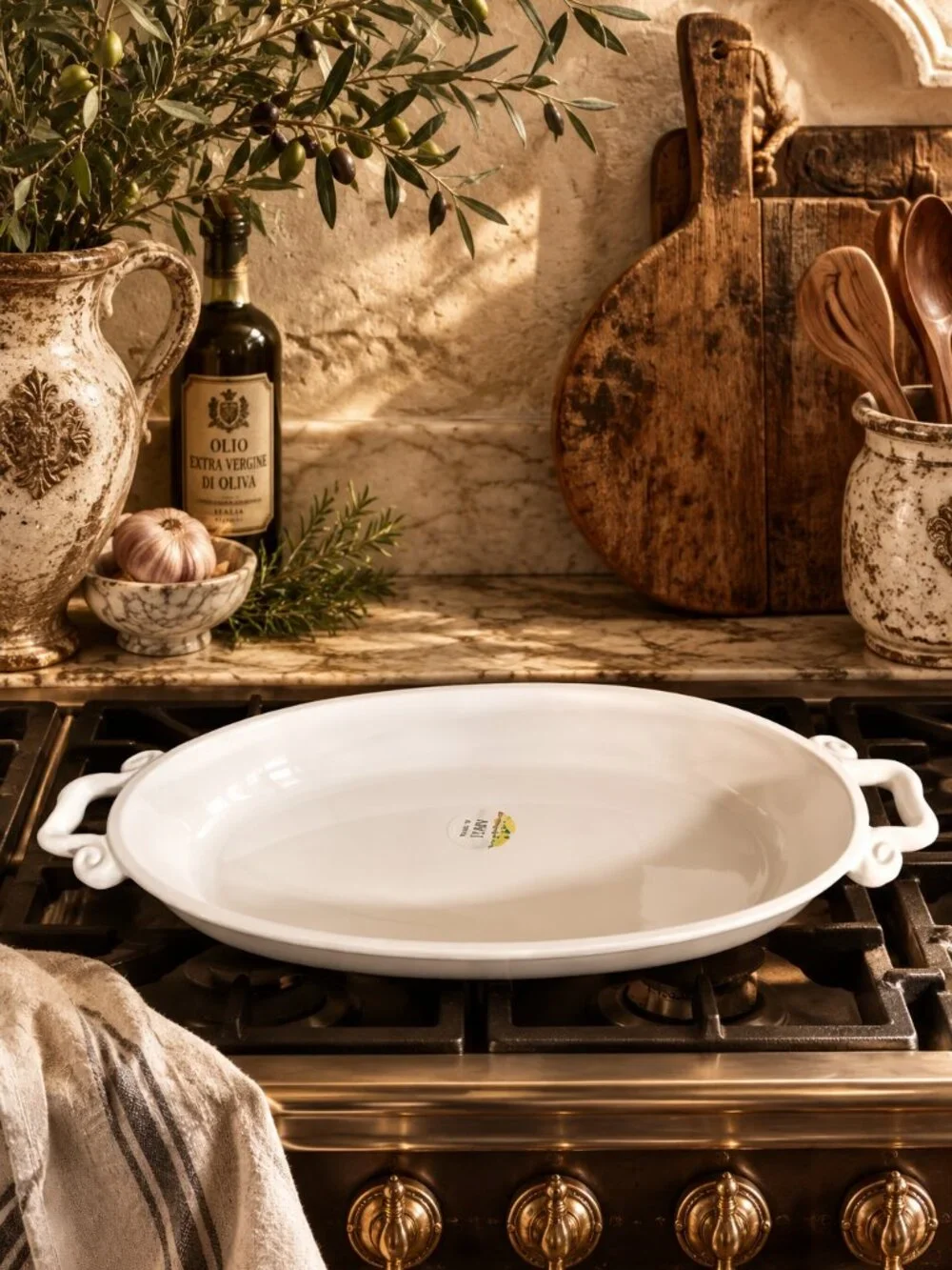 Italian Tavola Bella Baking Dish Casserole Stoneware With Scroll-Shaped Handles